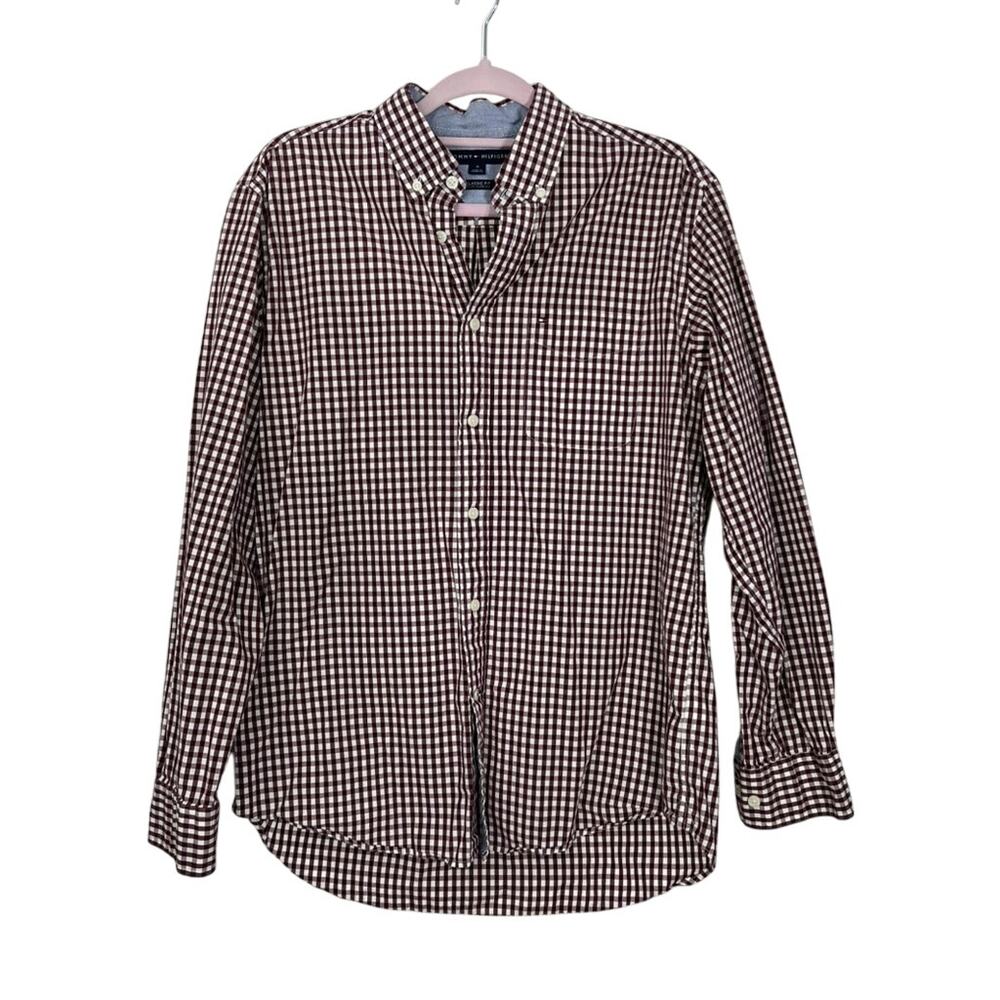 Mens Tommy Hilfiger Classic Fit Red Checker Long Sleeve Up Dress Shirt Size M